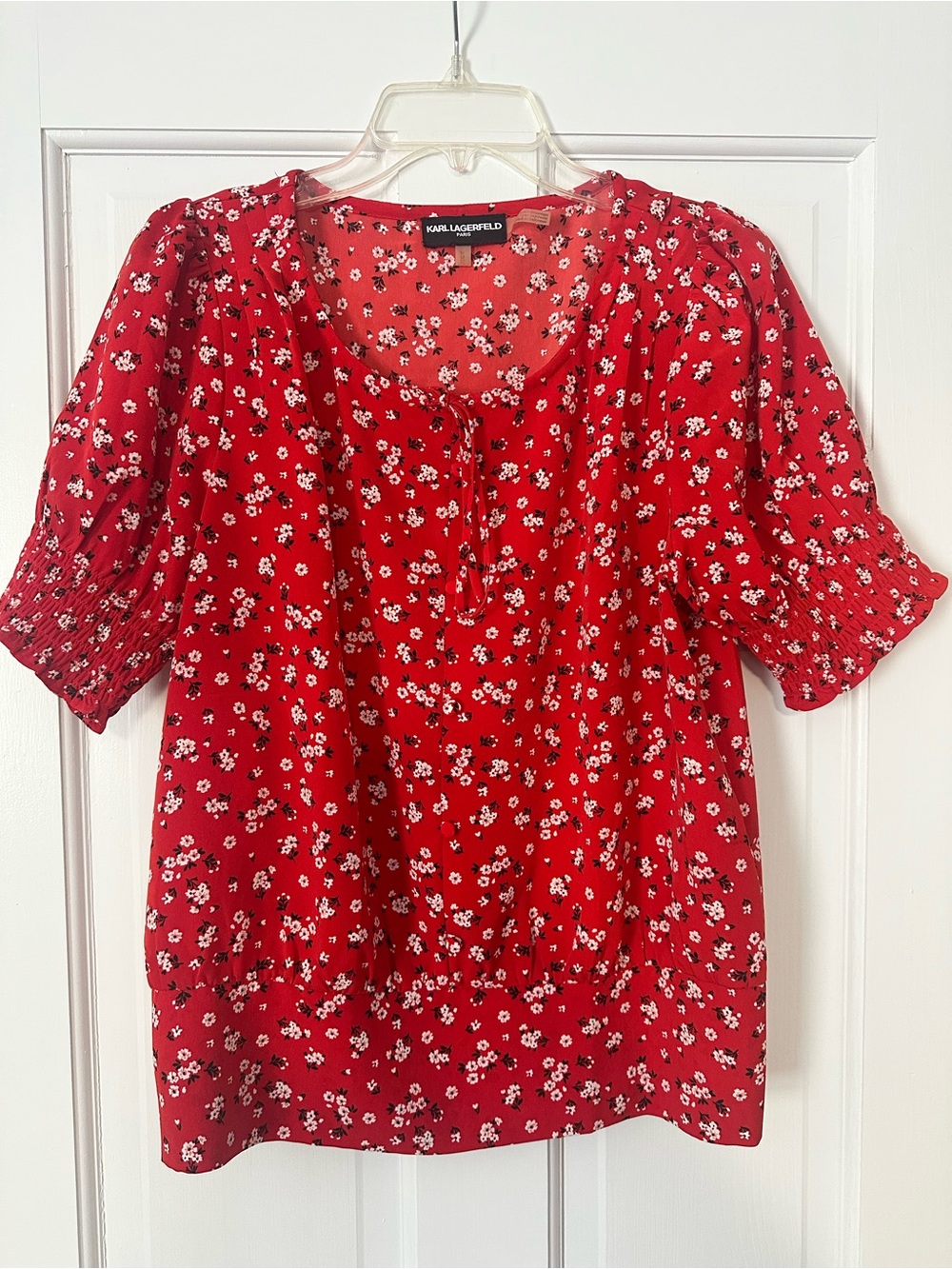 Karl Lagerfeld Red Floral Tie-Neck Peasant Blouse